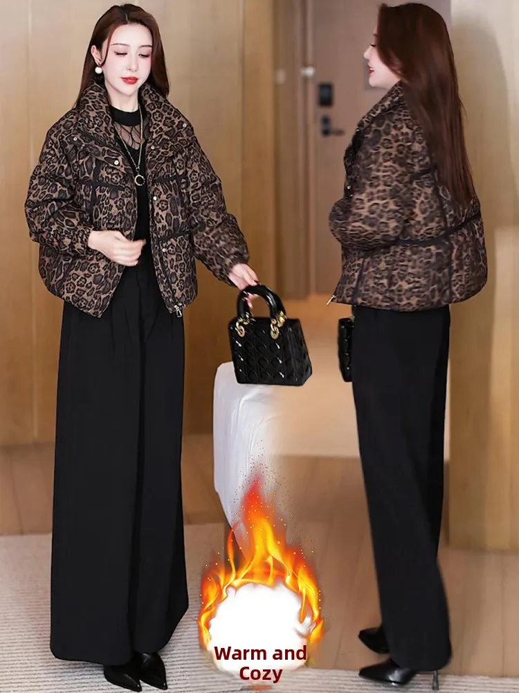 Faionable Thiened Cotton down Jaet Ladies Coat Leopard Print ort Size Bread Sle Winter New Arrival Korean Loose Fit