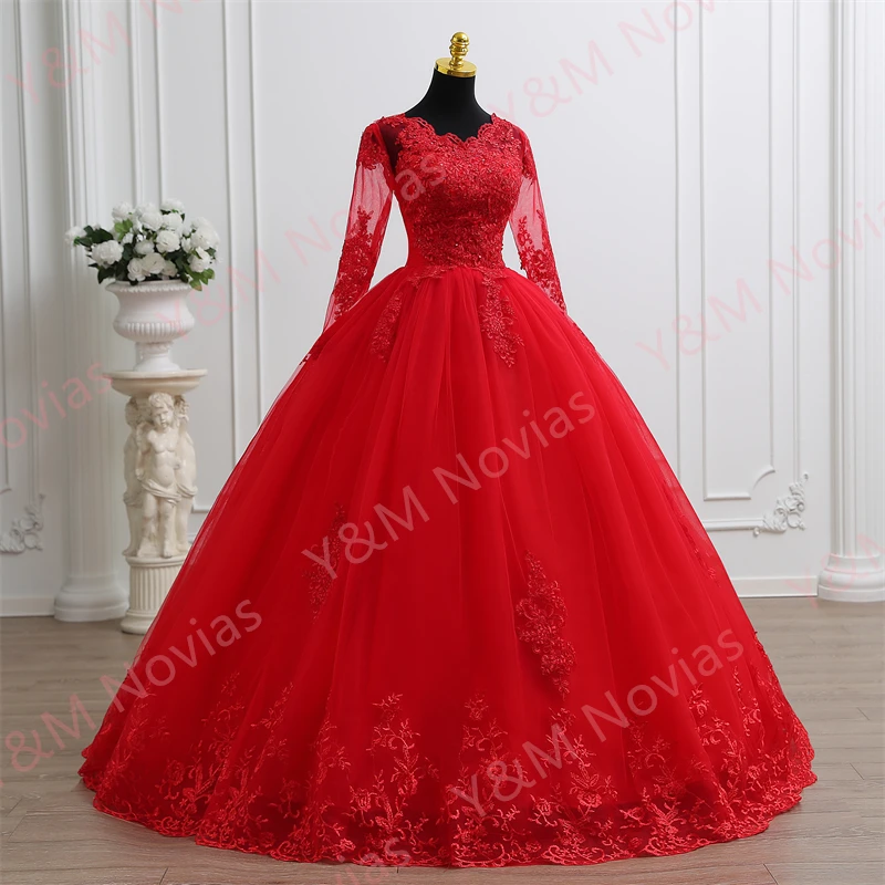 Y&M V Neck Full Sleeve Customize Plus Size Vestido De Noiva 2025 Wedding Dress Floor length Appliqes Bridal Tulle Mariage