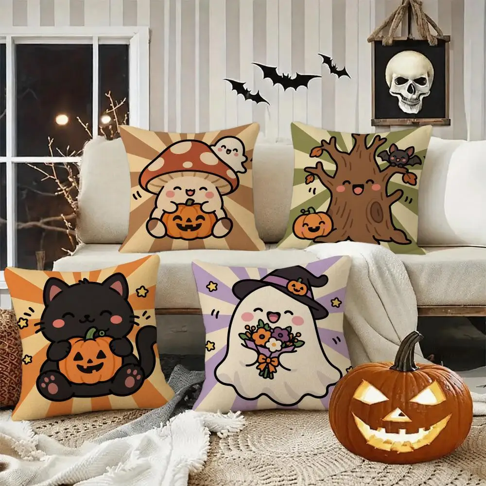 Cute Halloween Cushion Decor Cushion Cover Halloween Rustic Throw Pillow Covers, Cute Ghost Pumpkin Maple Leaf Cushion Covers