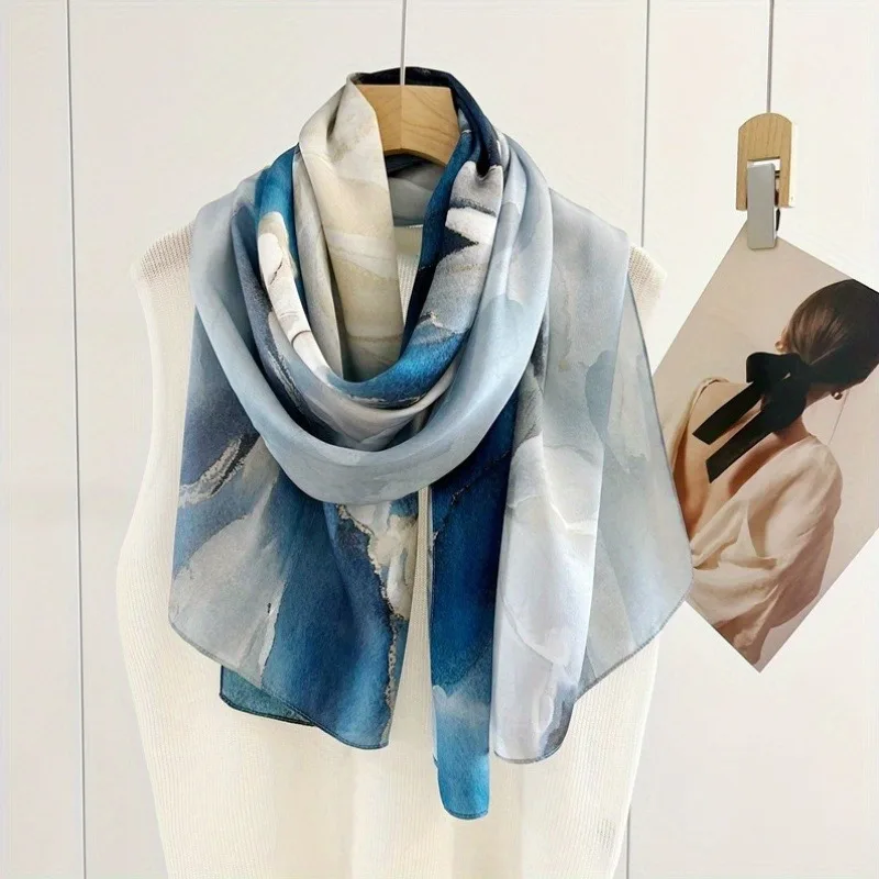 

100% Mulberry Silk Long Scarf for Women Oblong Shawls for Headscarf Neck- Oblong Hair Wraps Gift Packed Lake Blue Floral Print