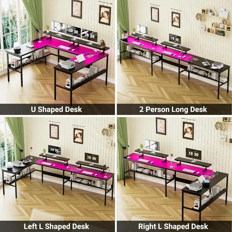 U Shaped Computer Desk, Customizable L Shaped Office Desk , Large Reversible Gaming Desk with Storage Shelves