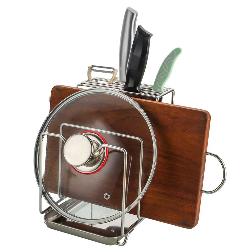 Multifunctional Knives Holder with Drain Tray,Cutting Board and Pot Lid Organizer,Stainless Steel Kitchen Storage Rack for Knife