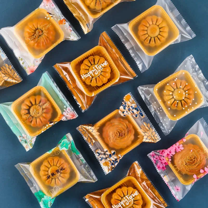 100pcs Mooncake Cake Packing Plastic Bag Hot Seal Bag Handmade Biscuit Egg Yolk Crisp Cookie Bag Mid-Autumn Festival Party Decor