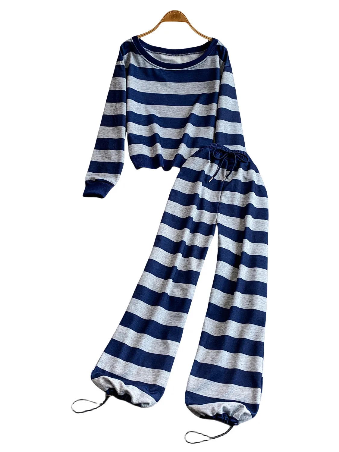 Casual listra padrão cintura alta calças de ajuste fino e longo sve redondo ne topo feminino faion conjunto de duas peças outono wear