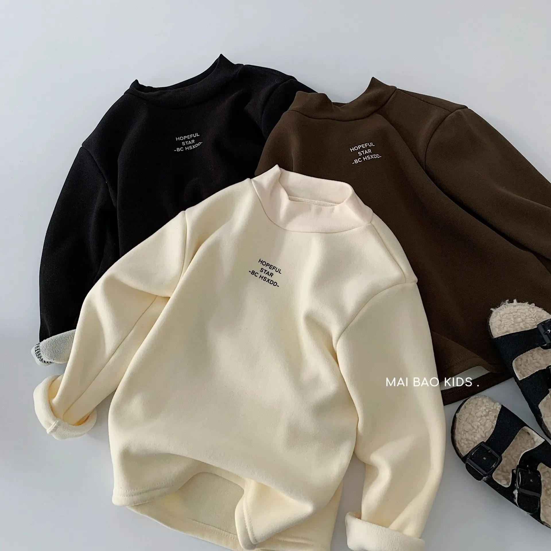 

2-7Y Kids Fleece Lined Long Sleeve T-Shirt Letter Printed Casual Mock Neck Base Layer 2025 Kids Boys Girls Warm Winter Shirt Top