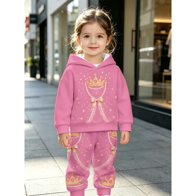 Kids Hoodie Jogger: Pink Crown Pearl Lace Print, Floral Butterfly Pattern, Blossom Hummingbird Graphic Kid Tracksuit