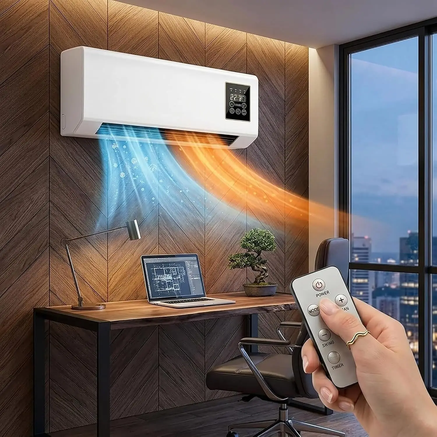 Wall Mounted Heater and Cooling Combo 2-in-1 Air Conditioner Fan AC Unit| Ductless Mini AC Unit with Remote, Portable Space Heater With Quiet for Bathroom Garage Rv Office(White)