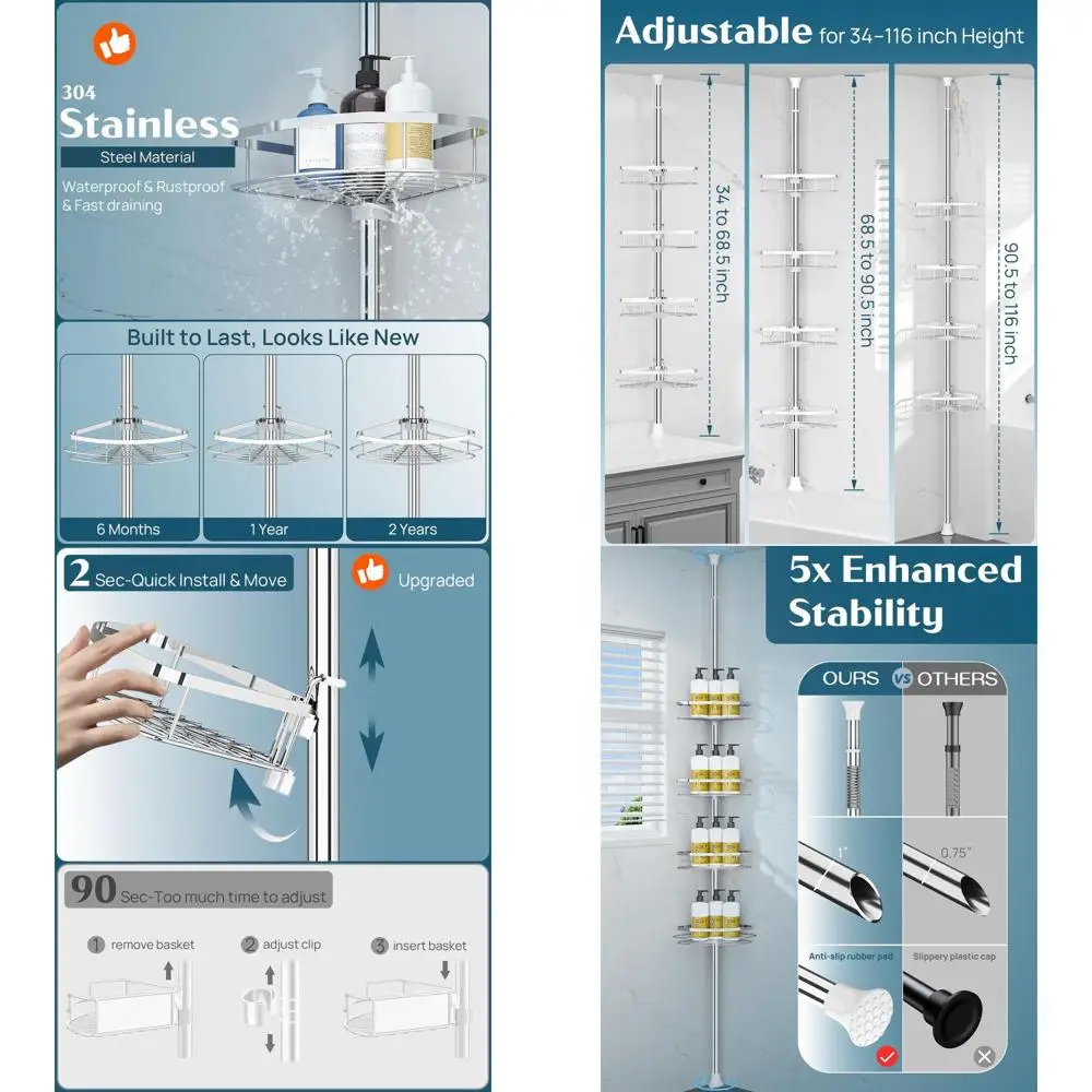 

Adjustable 4-Tier Shower Caddy Organizer with Tension Pole for Bathroom, Fits 34-116 Inch Height