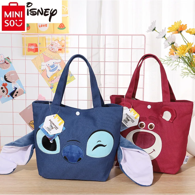 MINISO Disney Strawberry Bear Stitch Shoulder Bag High Quality Nylon Large Capacity Student Shopping Bag Tote Bag