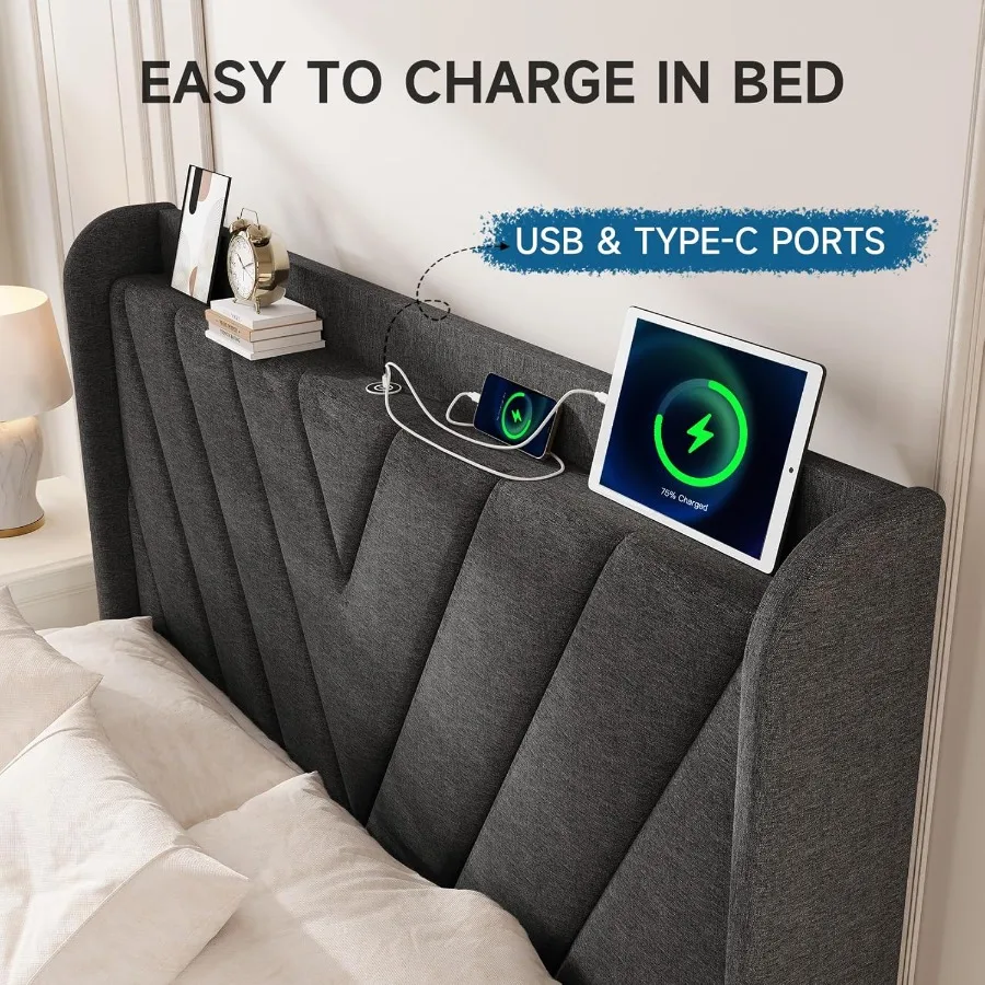 إطار سرير كوين مع لوح أمامي، إطار سرير منجد قابل للتعديل مع منافذ USB من النوع C، لوح رأسي للتخزين من النوع C، صلب #3