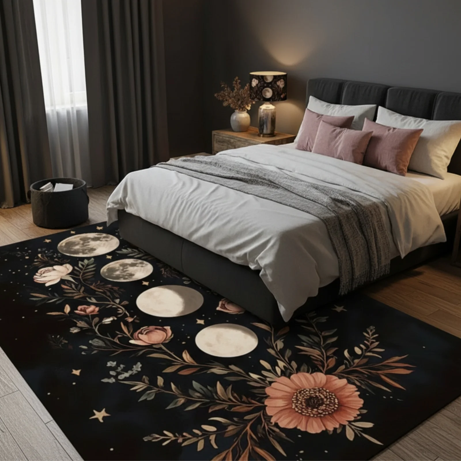 Non‑Slip Rug with Moon‑Phase Floral Black Background Pattern, Decor Mat for Living Room, Bedroom, Entryway, Hallway