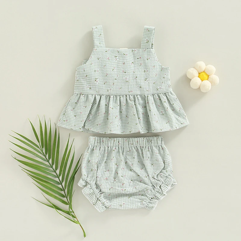 Lioraitiin Summer Infant Baby Girl Outfits Suit Plaid Pattern Floral Printed Bowknot Suspender Tops Shorts Clothes Set