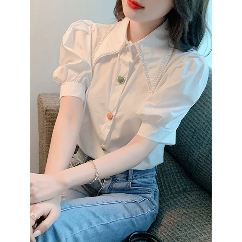 Sweet Peter Pan Collar Puff Sleeve Button Oversized Beading Shirt 2022 Summer Chic Tops Elegant Women\'s Clothing Commute Blouse