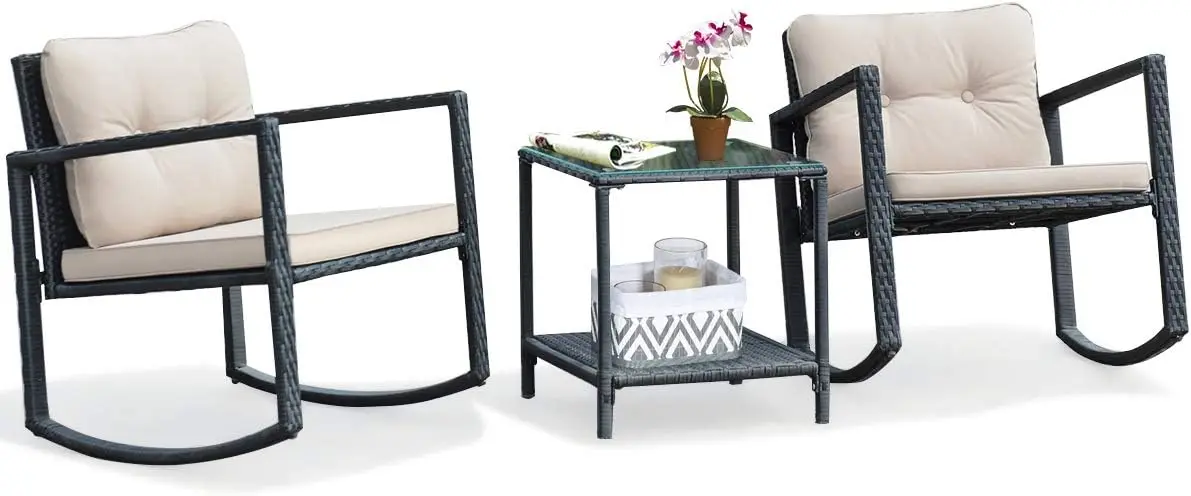 Set da dondolo in vimini da 3 pezzi con cuscini, tavolino da caffè in vetro e contenitore, beige, patio esterno, giardino, balcone a bordo piscina