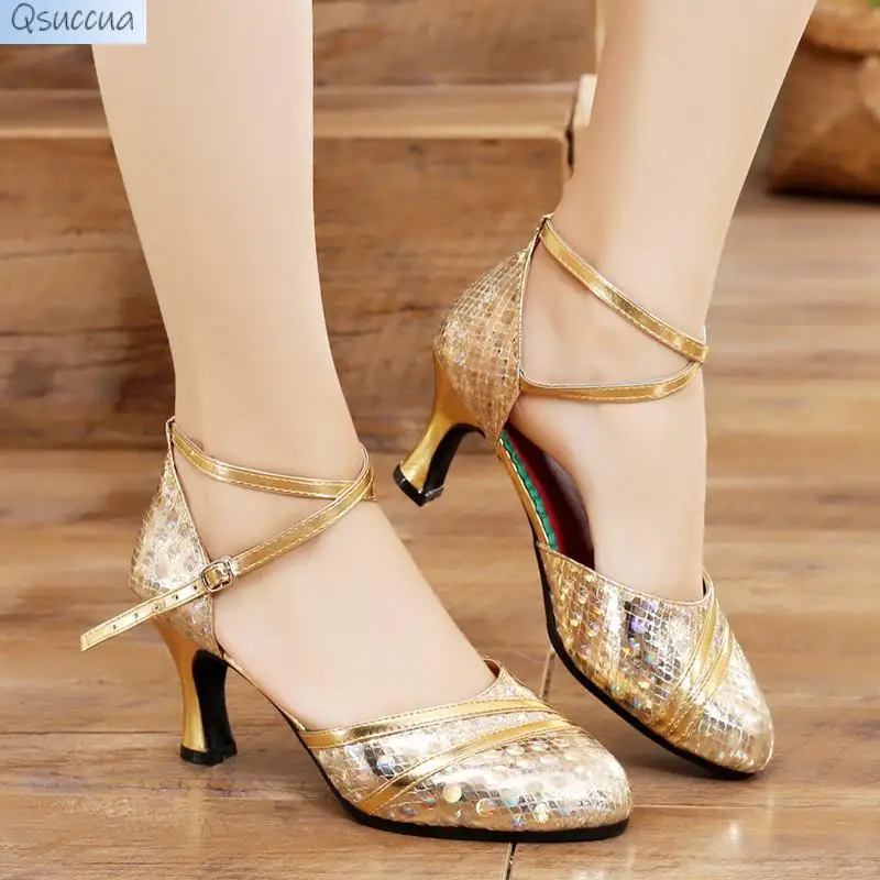 Women Latin Modern Dance Shoes Ballroom Medium High Heel Dance Shoes Drill Soft Soled Tango Dance Shoes