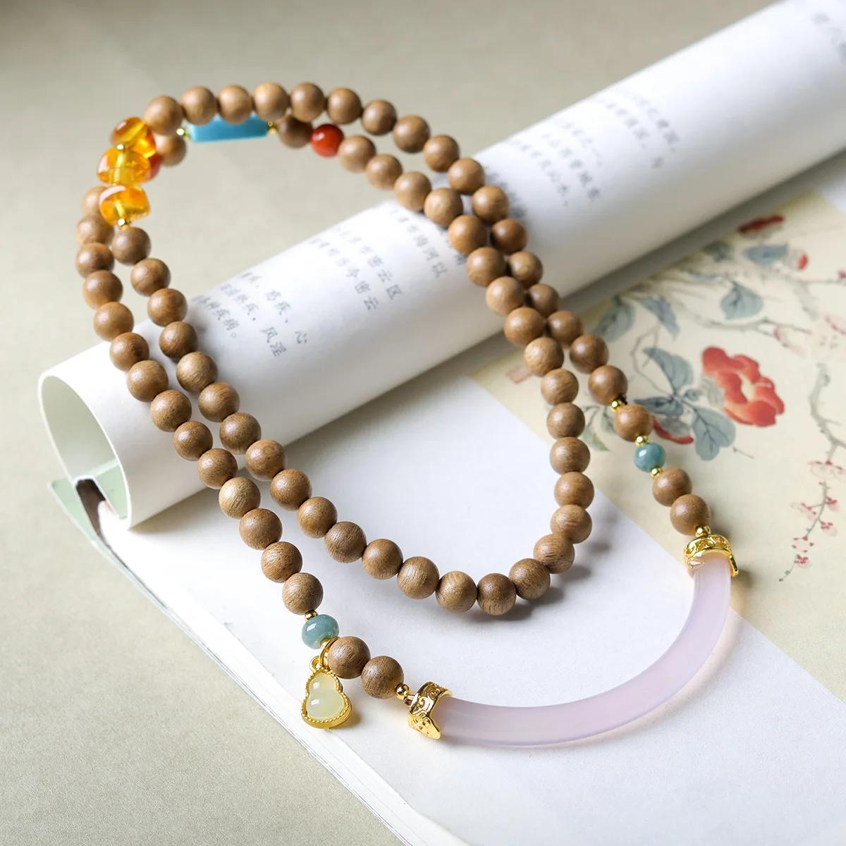 Huang Qinan agarwood multi circle bracelet, original cultural toy, pink agate half bracelet, Chinese beeswax bracelet