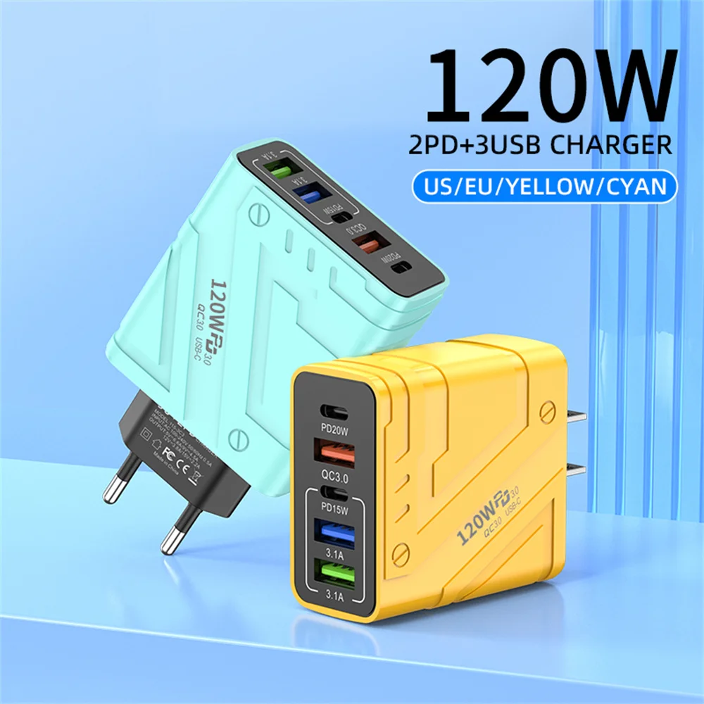 5 IN 1 USB C Charger 120W Quick Charge 3.0 Type C PD Wall Ch