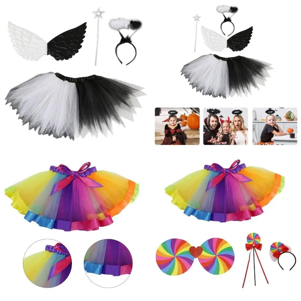 مجموعة أزياء الأميرة R1WE للفتيات بألوان قوس قزح، إكسسوارات أزياء الهالوين الشيطانية للأولاد والبنات والحفلات التنكرية