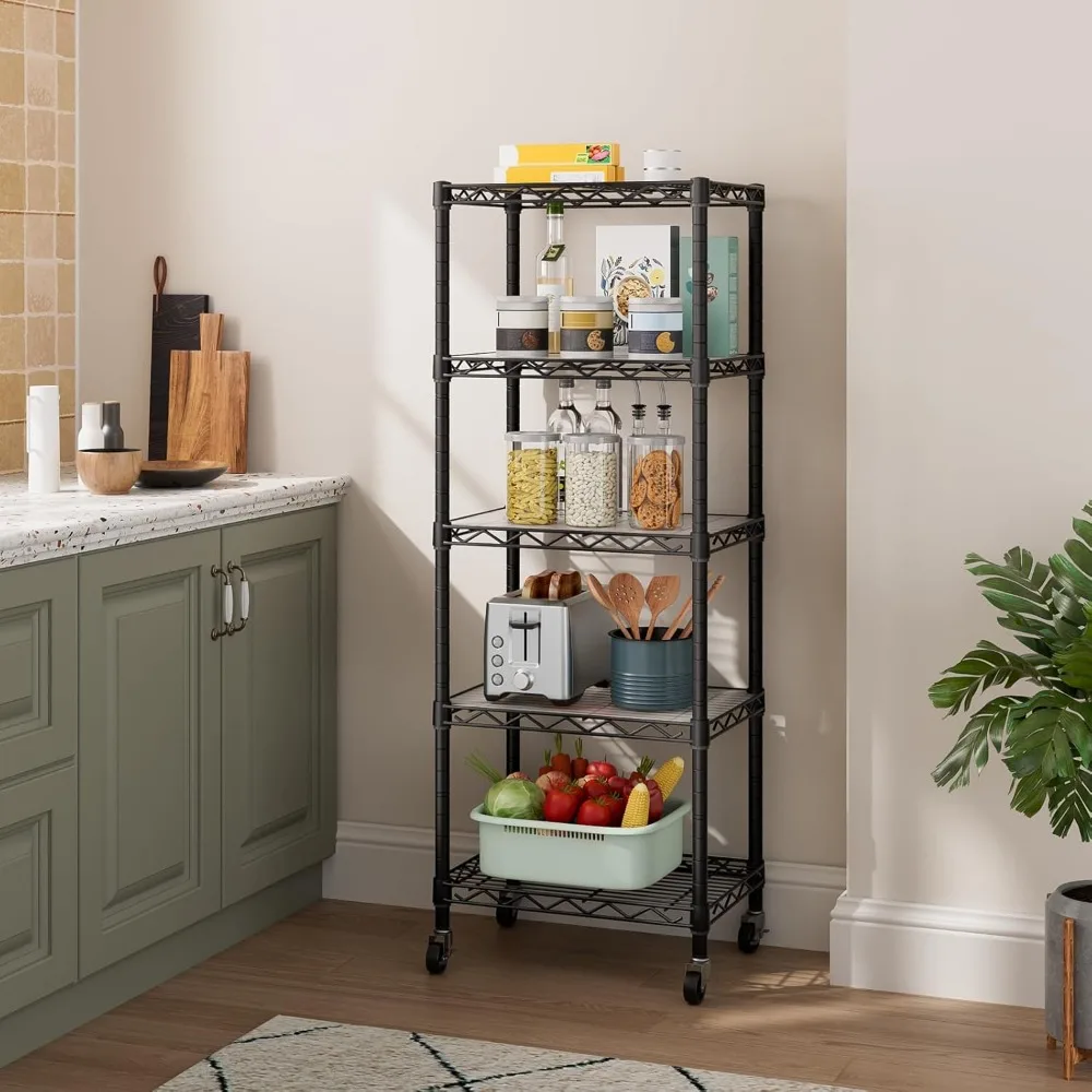 

5-уровневый проволочный стеллаж, регулируемая металлическая полка для хранения с колесами для кухни, ванной комнаты, кладовой, органайзер для белья, черный 12D
