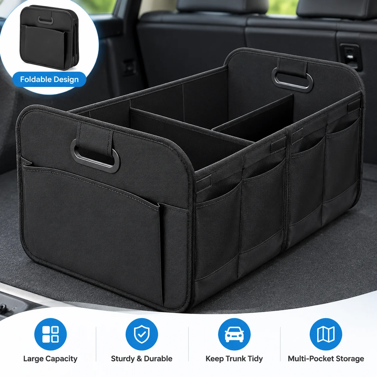Car Trunk Organizer Collapsible Storage Box Multi Compartment Auto Cargo Storage for SUV Truck Car Keep Tidy