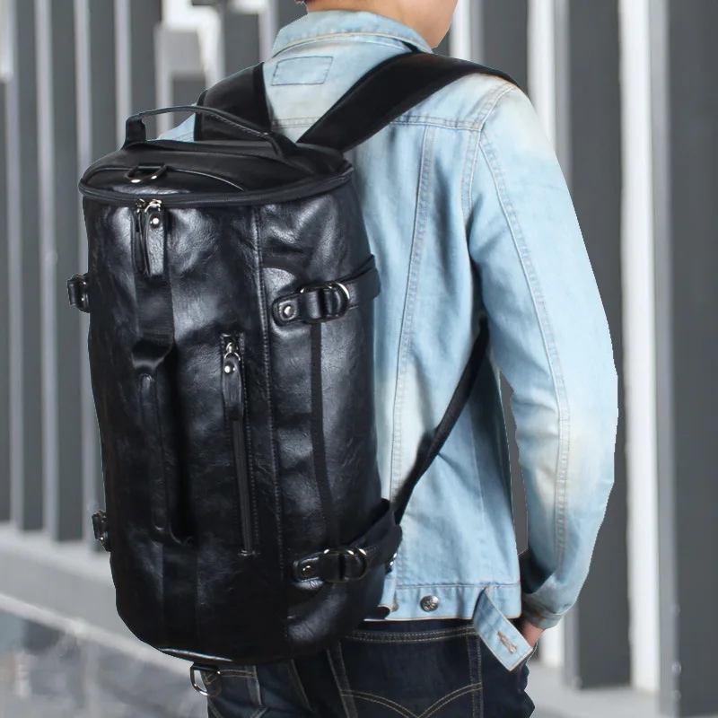 Men Leather Bucket Backpack Multifunctional Travel Bag Large Capacity Luggage Male Backpacks Travel Shoulder Bags XA607ZC