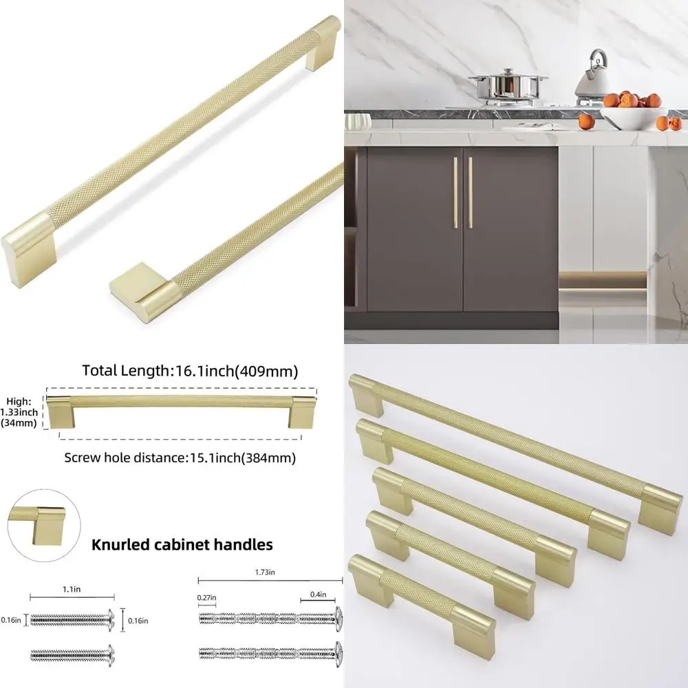 

15 Inch Brushed Brass Kitchen Cabinet Handles - Knurled Gold Pulls for Drawers and Doors, Premium Kitchen Hardware