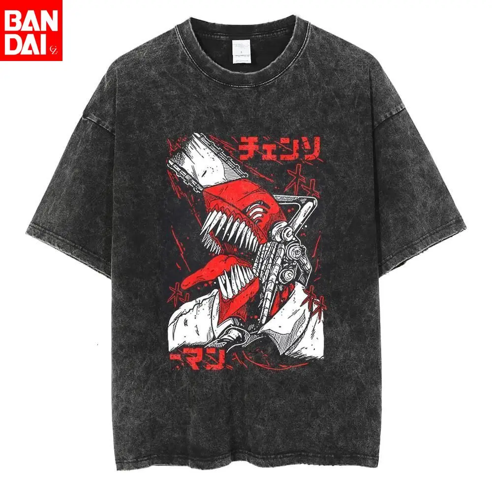 Chainsaw Man Anime Grafik T-Shirt 2026 Sommer Vintage Washed Unisex Baumwolle Loose Fit Kurzarm Rote Zähne Dämon Streetwear Tee