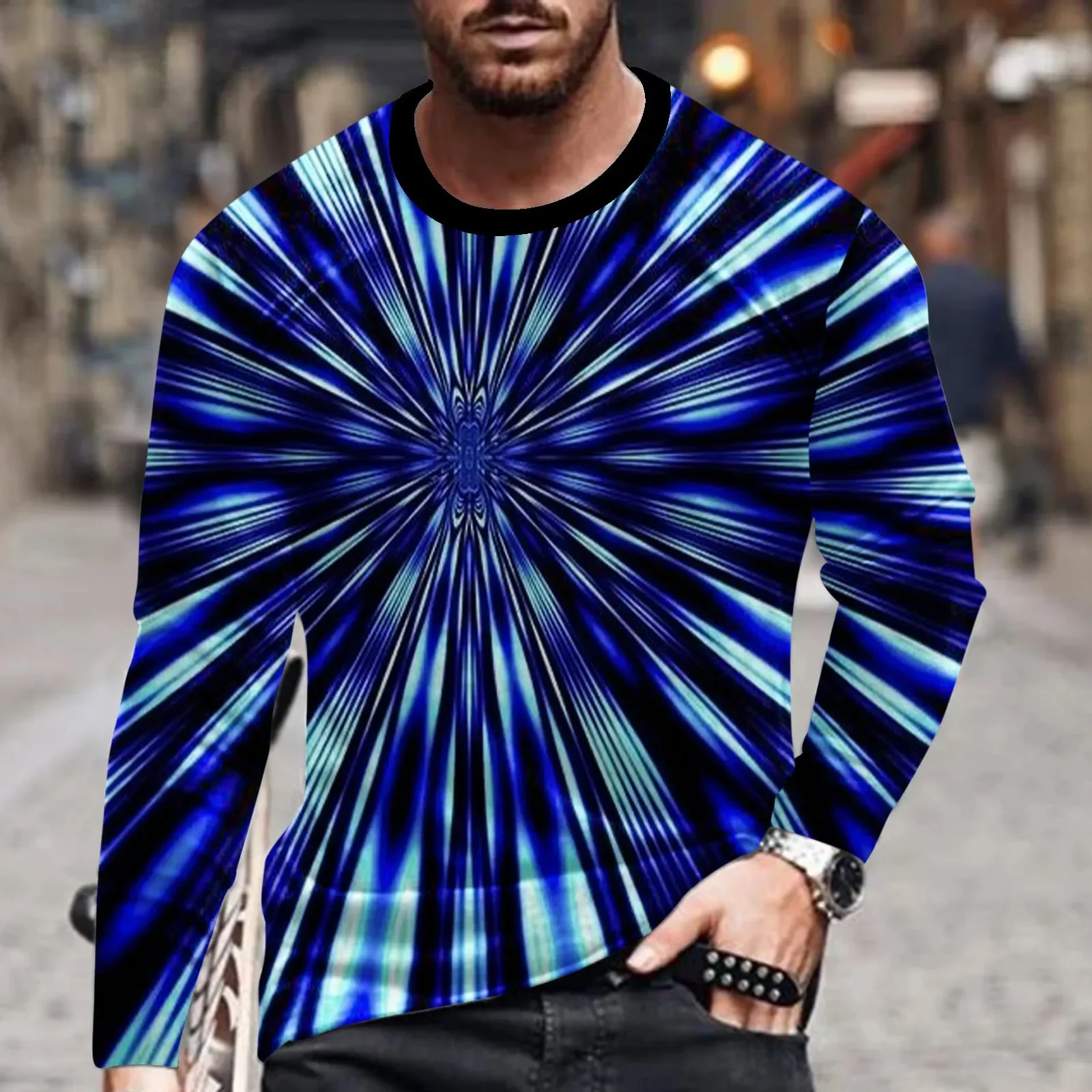 Men Polyester Long Sleeve T-shirt 3D All Over Print Optical Illusion Vortex Swirl Trippy Visual Art Casual Graphic Tee