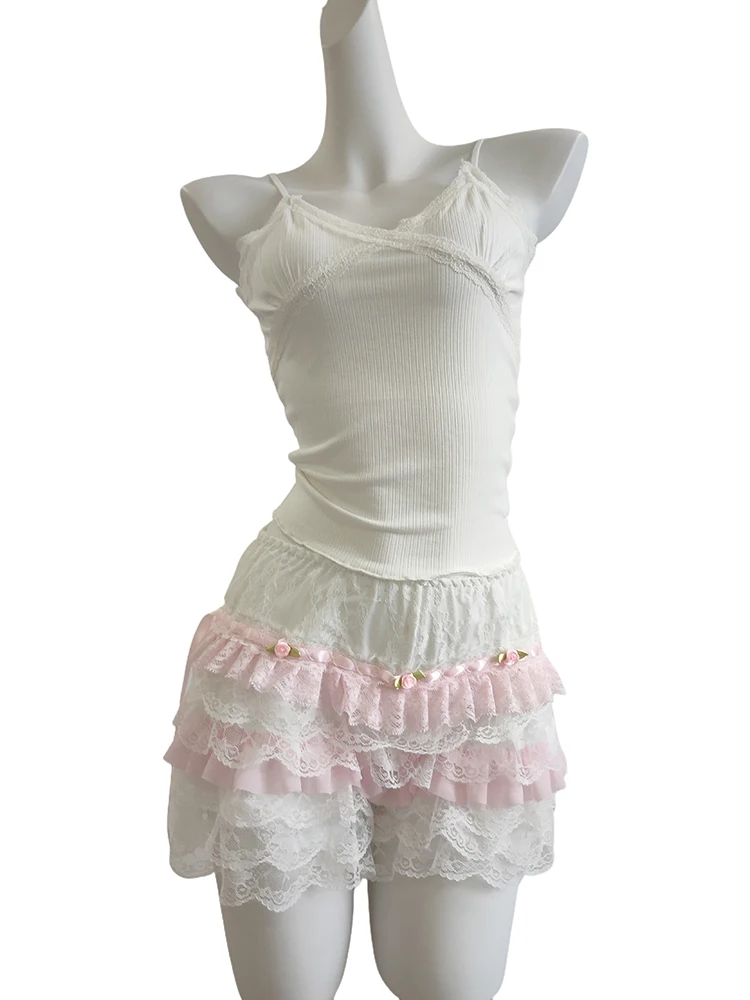 

Cute 2 Piece Sets Women Lace Trim V-Neck Crop Tops and Pink Lace Elastic Waist Shorts Cropped Set for Sweet Girl Kawaii Outfits