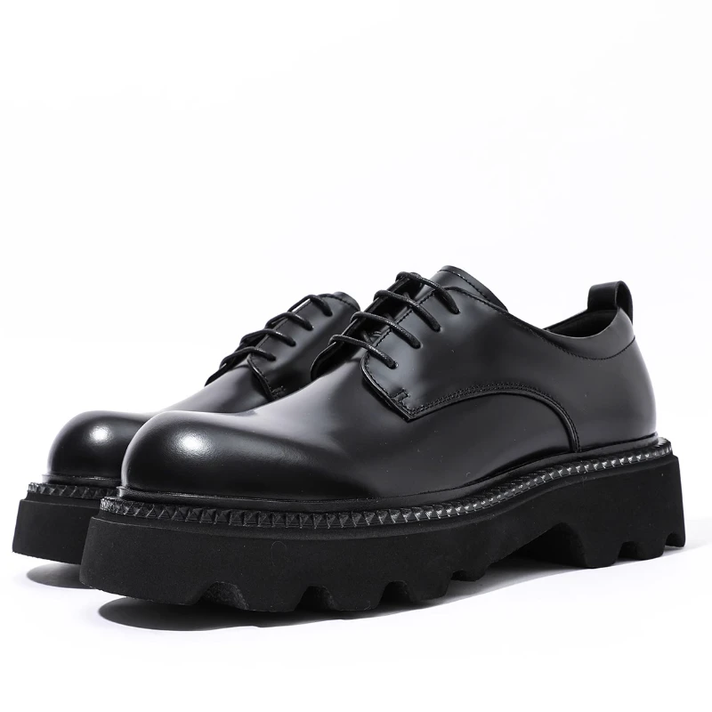

Dark Black Big Head Derby Shoes for Men's Casual Thick Soled Height Increasing Shoes Wide Version Formal Banquet Leather Shoes