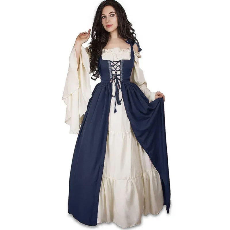 Robe de Sorcière Médiévale à Manches Volantes pour Femme, Costume Cosplay, Halloween, Carnaval, Vêtements de Performance