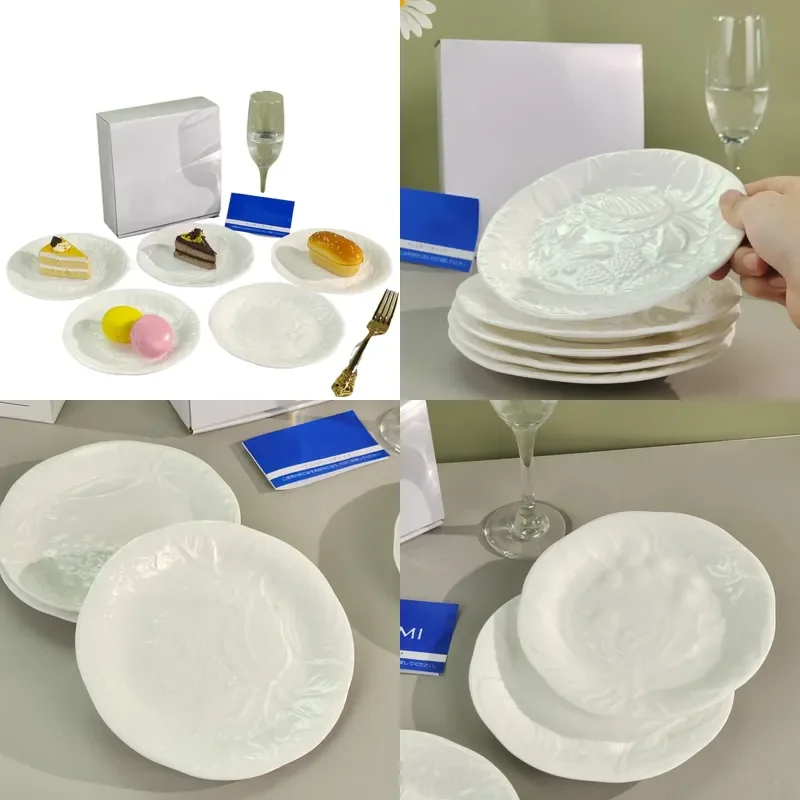 Embossed Dim Sum Plate 5-piece Set Household Ceramic Plate Retro Dessert Cake Plate Fruit  Birthday Gift Box Set