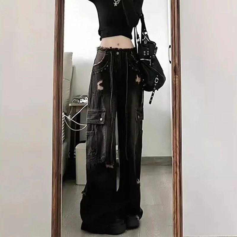 Women American Street Jeans Vintage Casual Loose Lazy Denim Pants Rivets Ripped Lace Up Big Pocket Straight Gothic Y2K Trousers