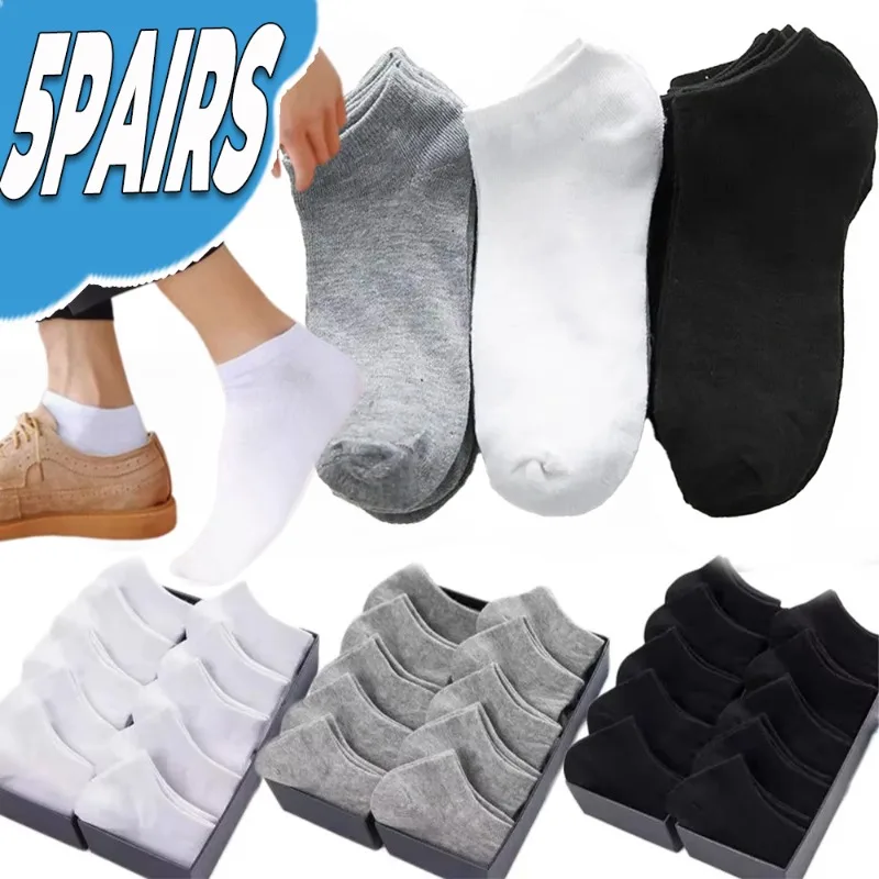 5 Paar Herrensocken Frühling Sommer Baumwollsocken Atmungsaktive Sportsocken Einfarbige Bootssocken Bequeme Söckchen Weiß Schwarz