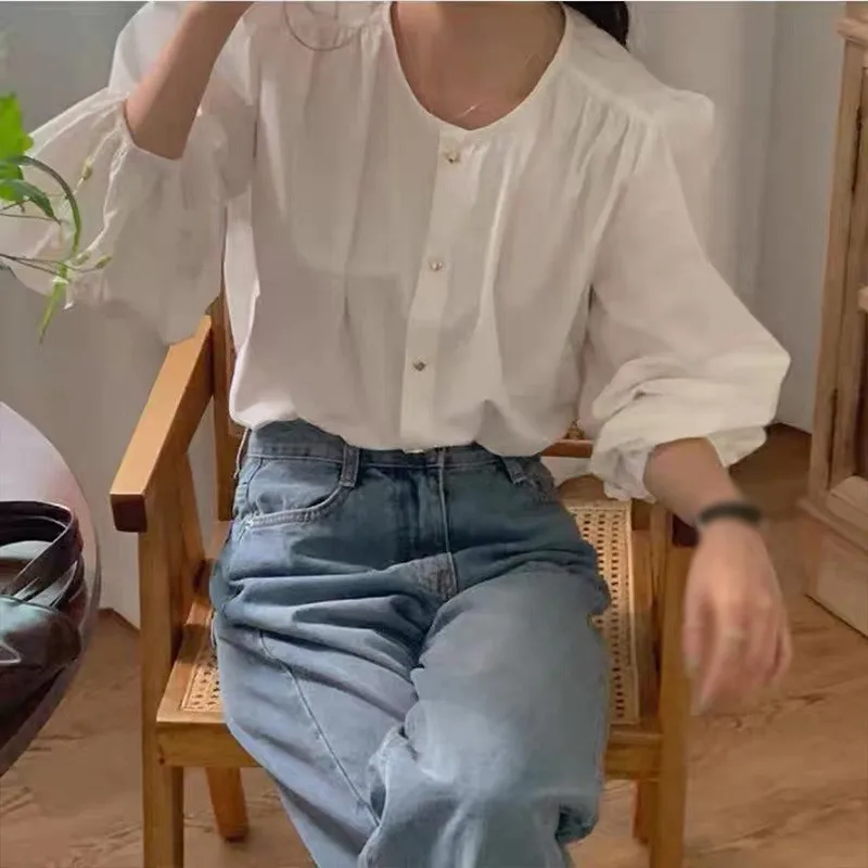 Striped Round Neck Love Buttons Long Sleeve Shirt Spring Summer Women Elegant Long Sleeve Blouse Casual Fashion Versatile Shirt