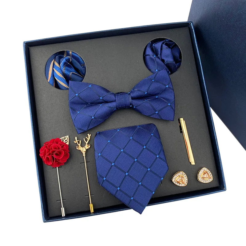 Geometric Print Cufflinks Clip Brooch Pocket Square Neck Tie Sets Men Business Wedding Party Necktie Scarf Bow Tie Handkerchief