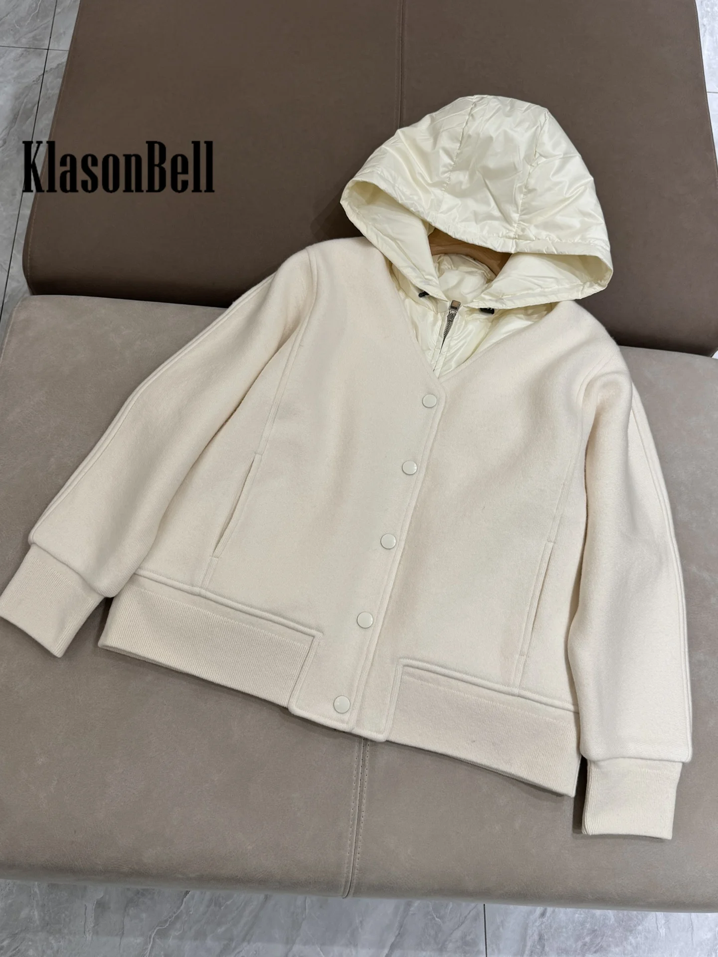 9.24 KlasonBell Women Autumn Winter Keep Warm Goose Down Hooded Vest + Cashmere Knitted Long Sleeve Jacket Coat 2 Piece Set