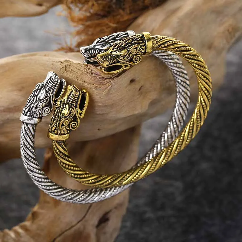 الرجعية الرجال أساور مجوهرات فايكنغ مزدوجة الذئب رئيس افتتاح سوار قابل للتعديل الكفة سوار السائق دراجة نارية مجوهرات 2024 جديد