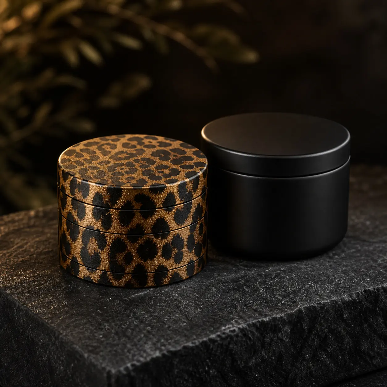 50mm Brown Leopard Zinc Alloy Herb Grinder 4 Layer Manual Tobacco Mill with Black Storage Jar Set Portable Smoking Accessories