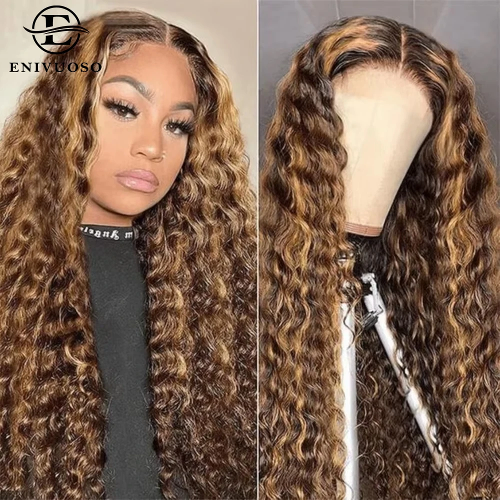 Peruca Profunda Curly HD Lace Frontal para Mulheres, Onda de Água, Ombre Highlight, Peruca Sintética Com Cabelo De Bebê, 30 ", 13x4