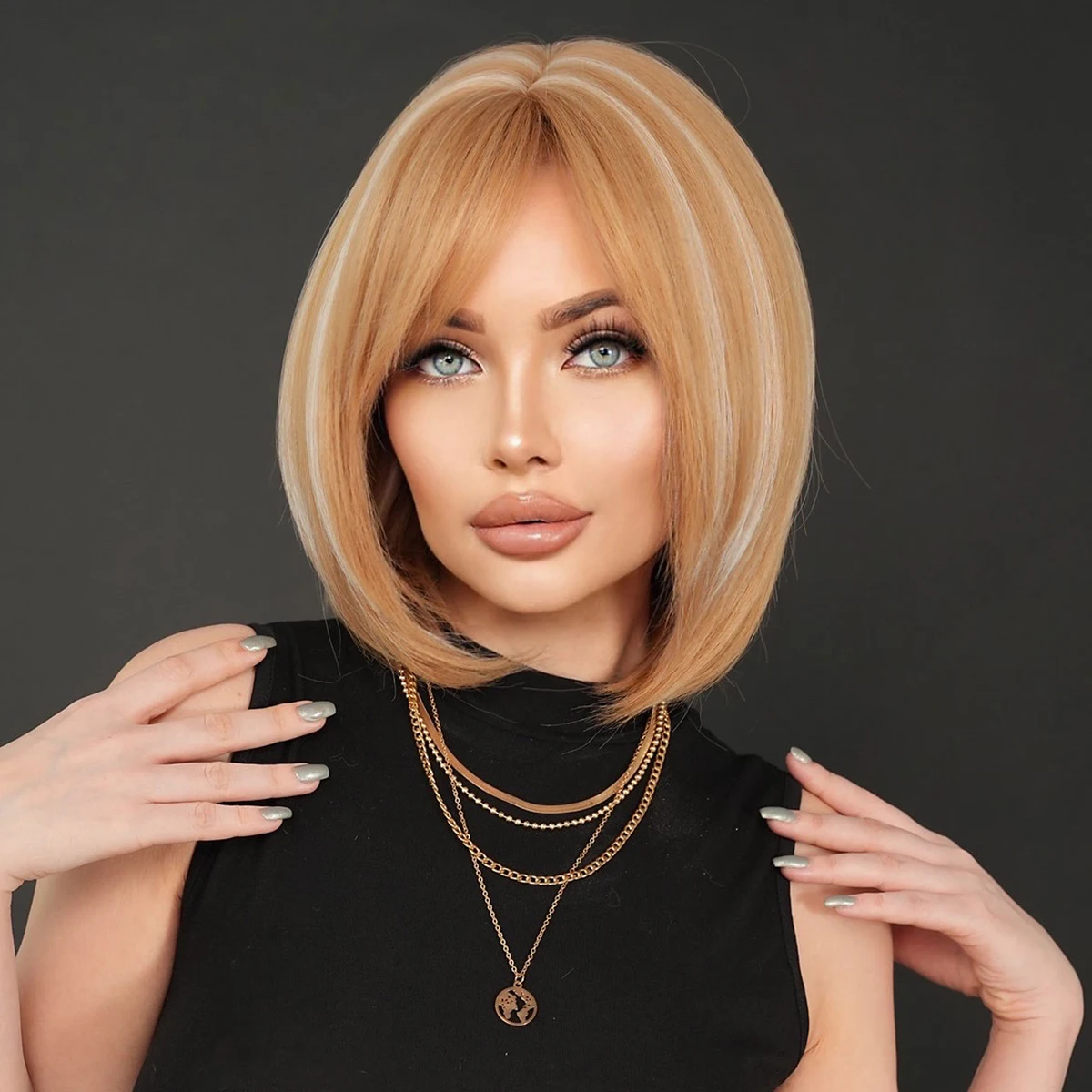 NAMM Short Straight Hair Blonde Wig For Woman Daily Cosplay Wig Highlight White Bob Wigs Synthetic Hair Heat Resistant