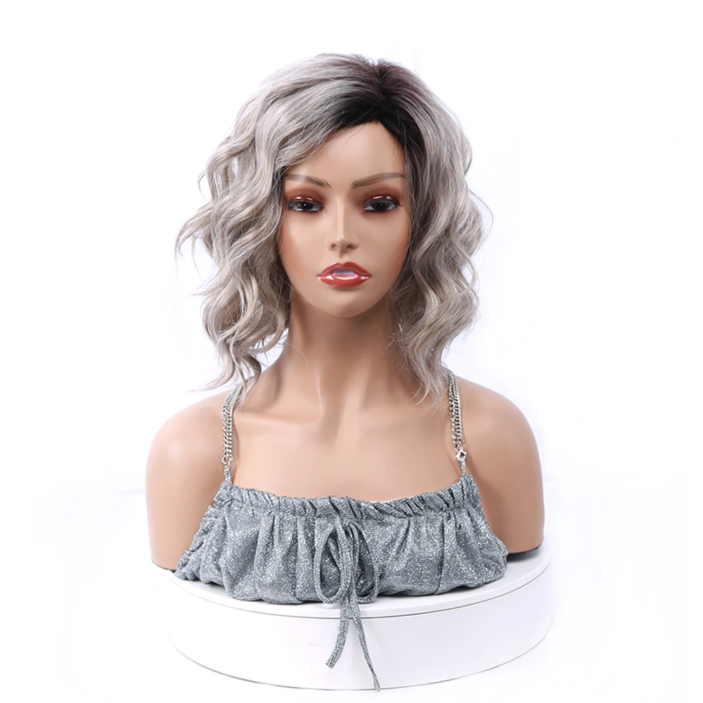 Silver Gray Natural Synthetic wig No bangs Women\'s Short Bob Wave Side Parting For Daily Fashion  Women Or Loveliness Mom