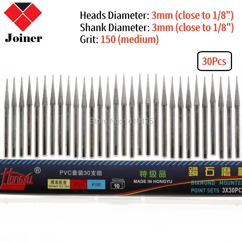 Professional 30Pcs Diamond Coated Tapered 3mm 1/8
