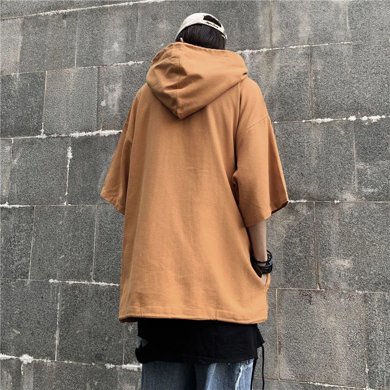 Summer Drawstring Short Sleeve Men Hooded Sweatshirts Student Fashion Harajuku Casual Punk Oversized Pullover Black White Orange