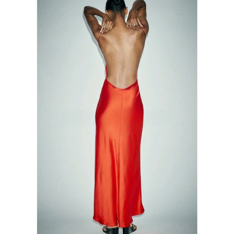 Długa satynowa sukienka z wysokim stanem, idealna na lato, nowa kolekcja damska, amerykański styl, elegancka, z dekoltem w serek, dopasowana, balowa.