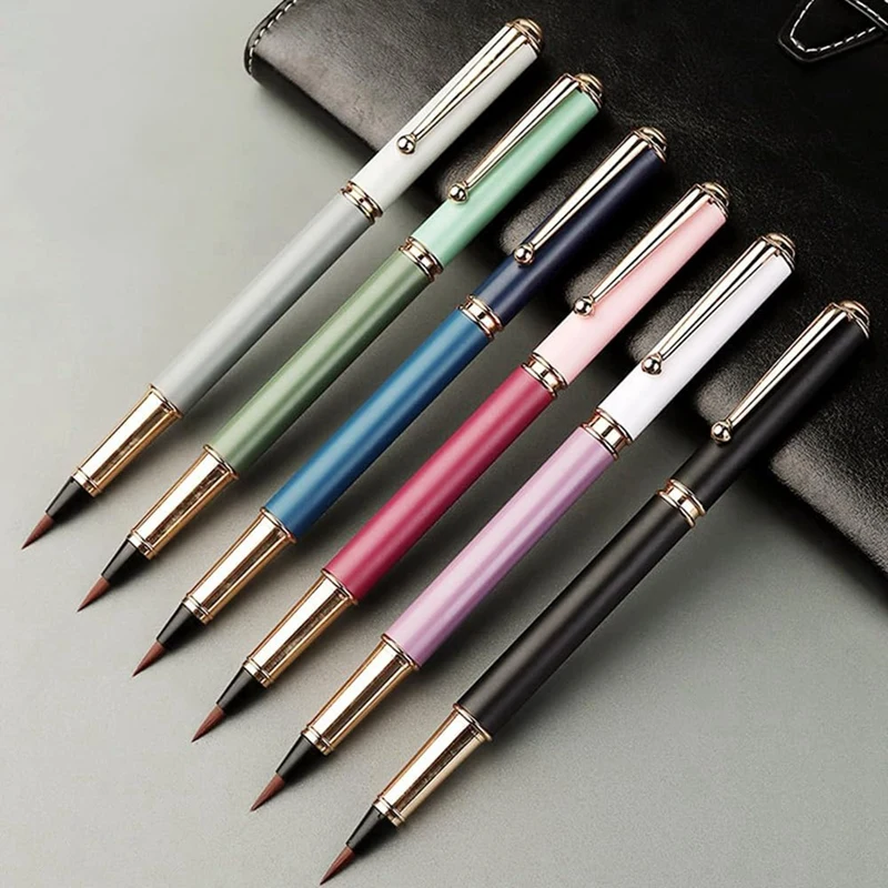 6Pcs Morandi Calligraphy Pens Soft Nib Metal Rod Pen For Writing Beginners Chinese Brush Pens