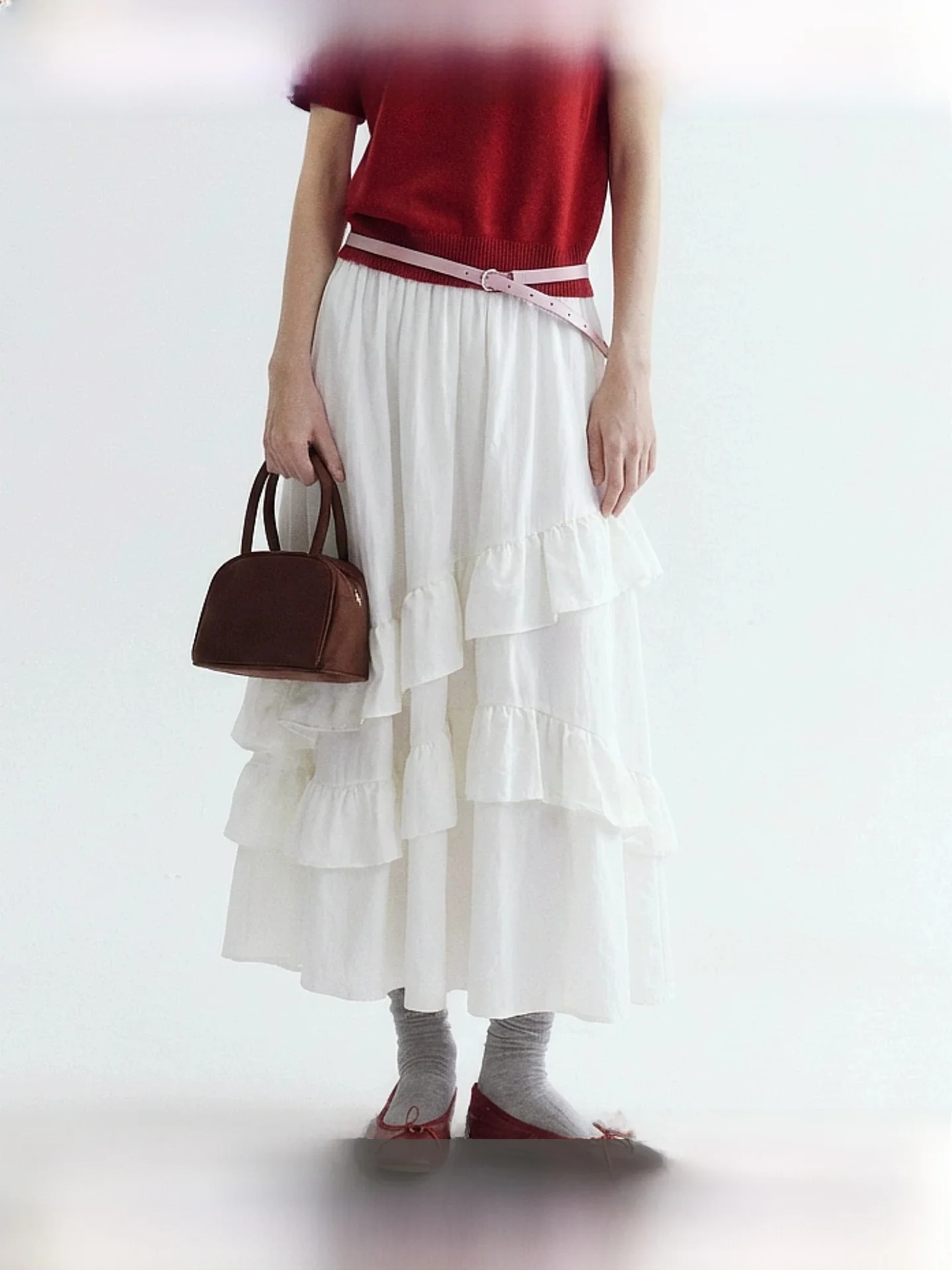 Fano Summer New High Waist Half Skirt Women's Loose Waist Silk Blend Long Dress with Drawstring And Lace  in White