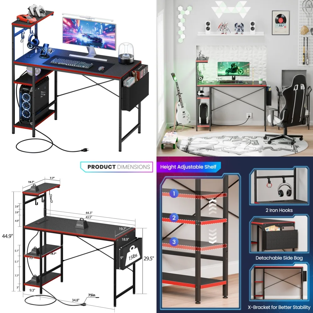 

Gaming Desk with Power Outlets and LED Lighting 44 Inch Computer Desk with Hooks for Home Office Study Room Multi Functional