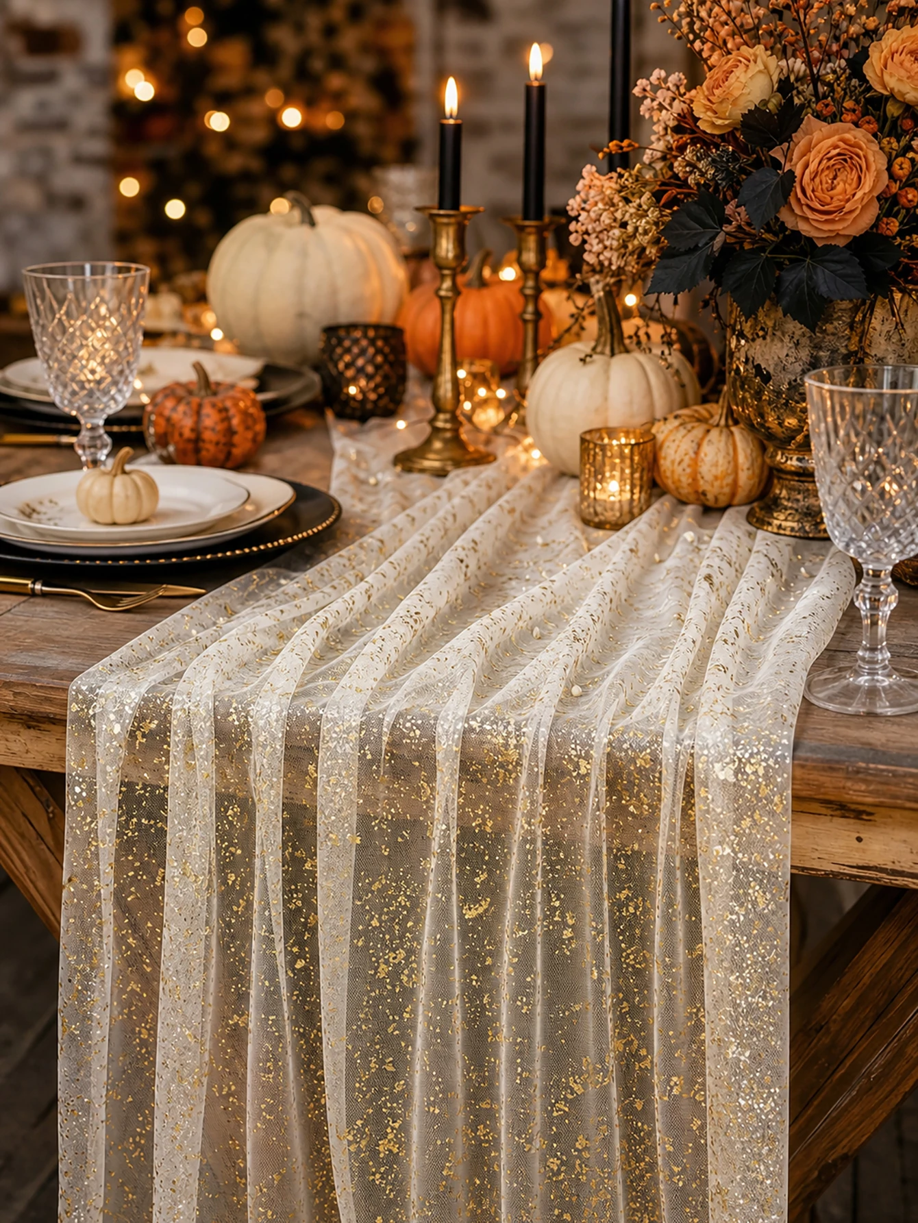 118 Inch Champagne Gauze Table Runner, Suitable for Halloween Party, Restaurant, Home Decoration, Table Decoration, Festivals