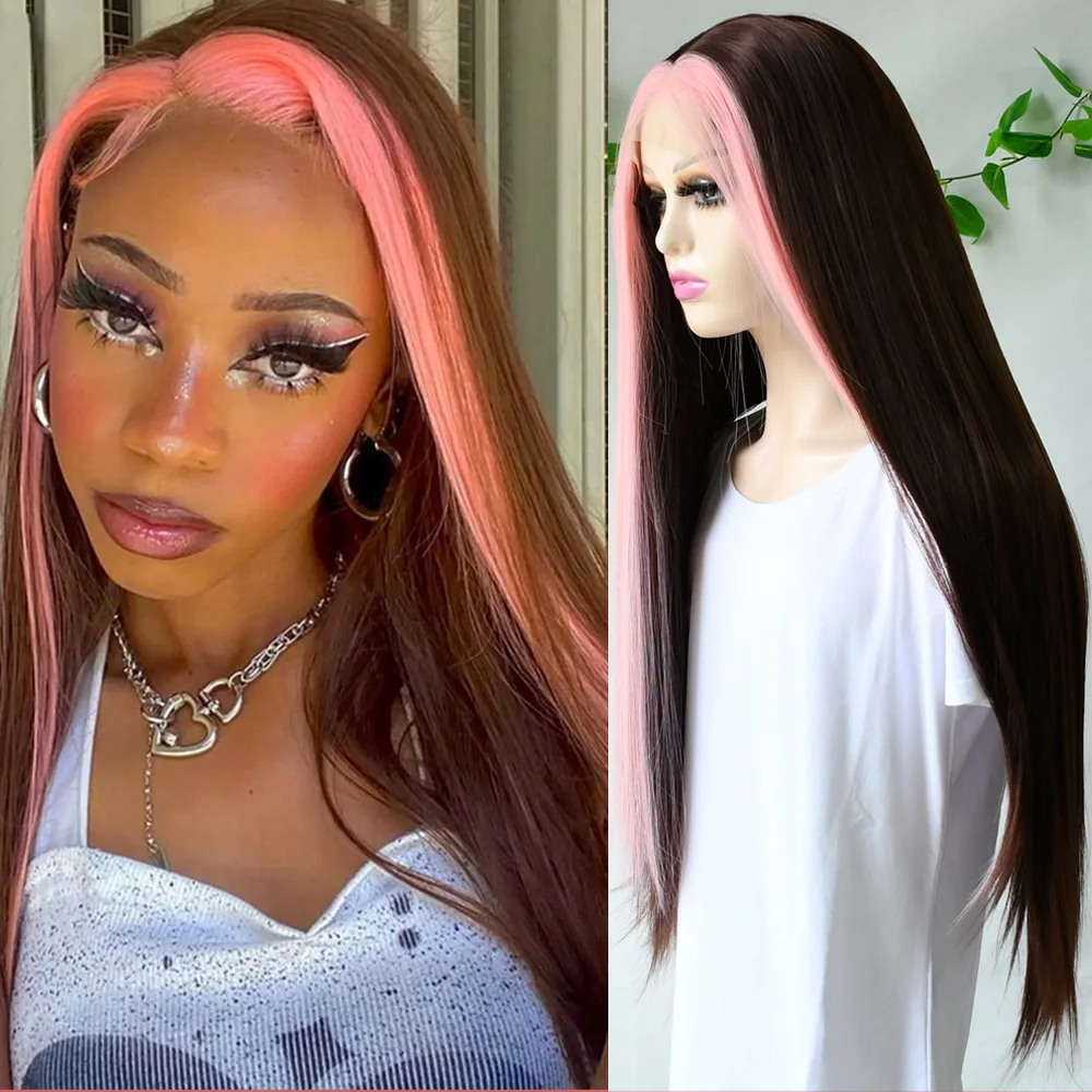 

Длинные натуральные мягкие каштановые волосы Розовые мелирование полосок Парики спереди Синтетический парик фронта шнурка Предварительно выщипанный Косплей Повседневная одежда